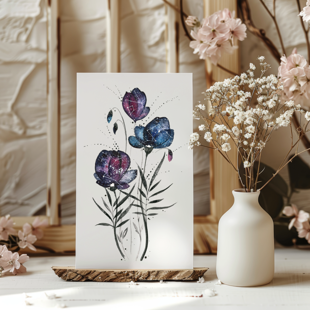 Watercolor Painting Print - Galaxy flowers