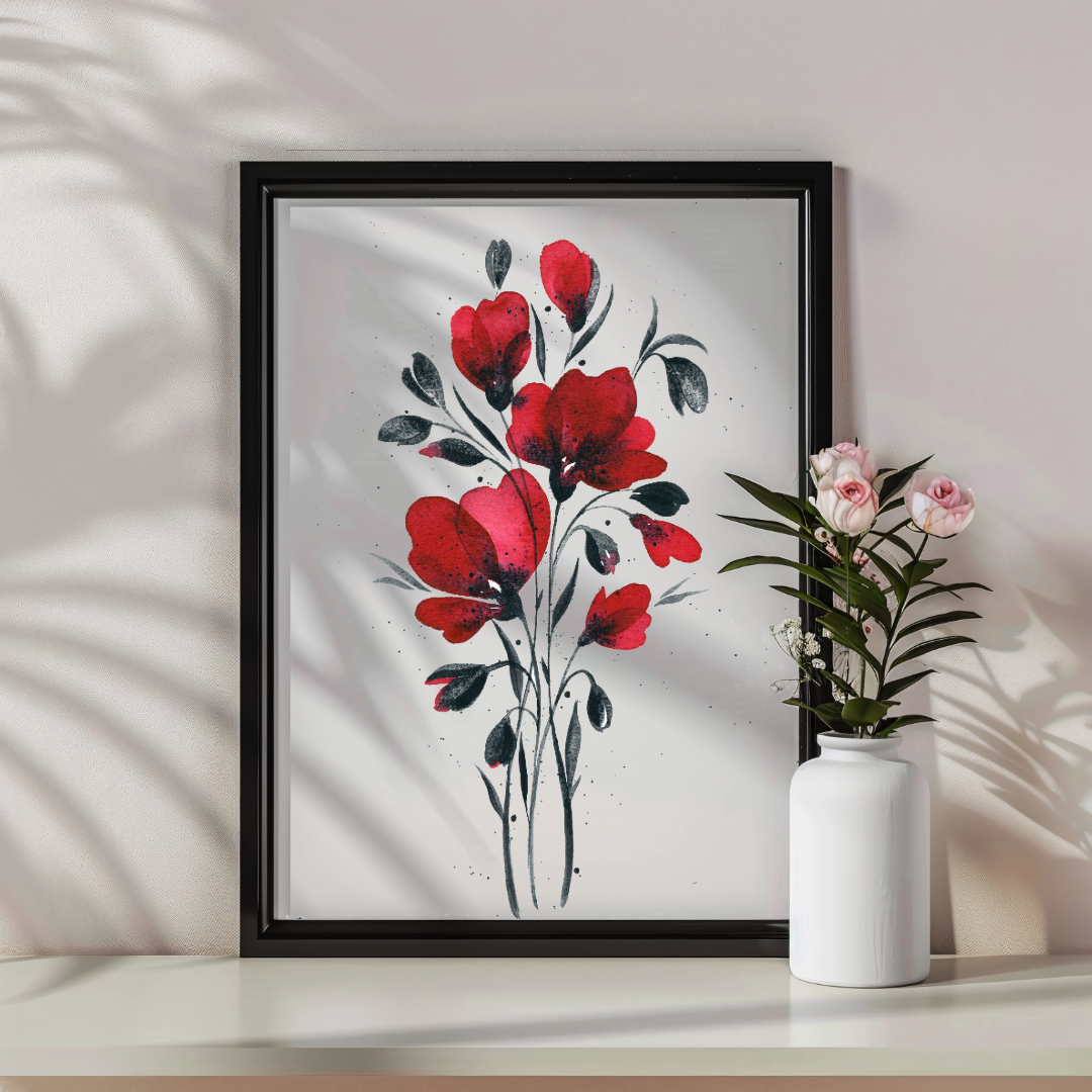 Watercolor Painting Print - Minimalist Red flowers