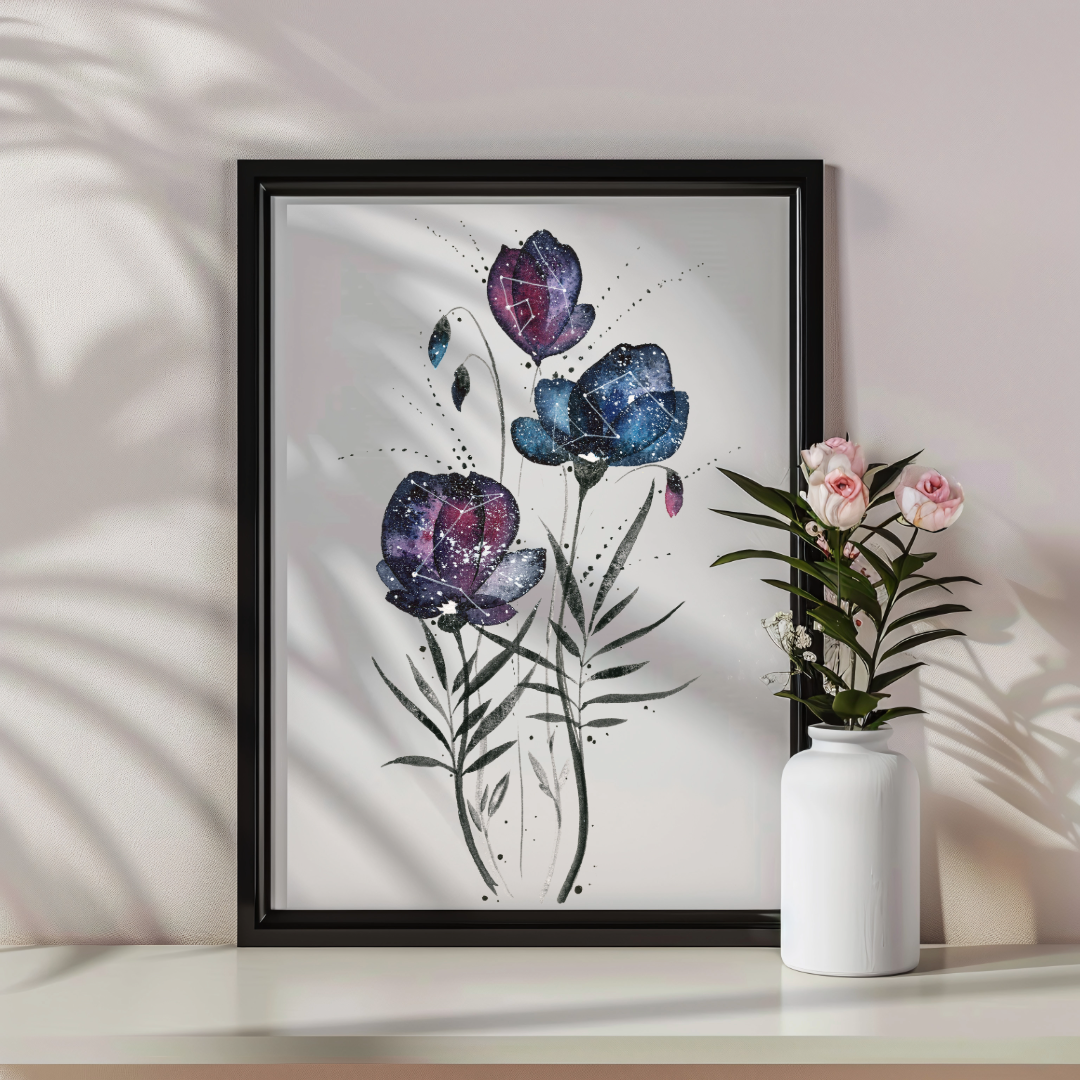 Watercolor Painting Print - Galaxy flowers