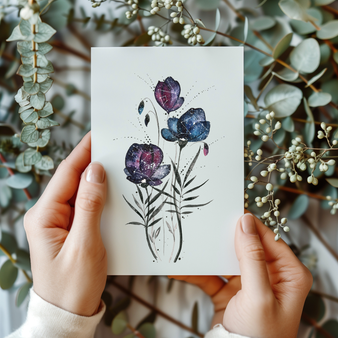 Watercolor Painting Print - Galaxy flowers