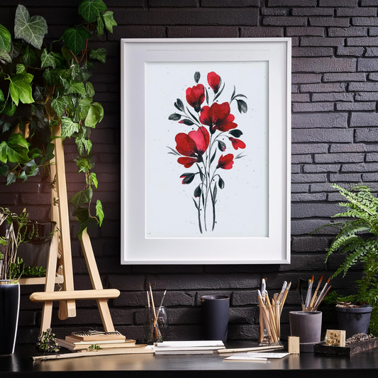 Elegant Original Watercolor Painting - Minimalist Red flowers