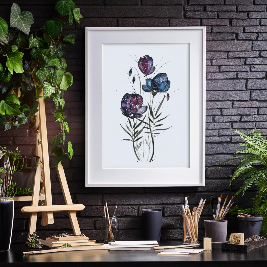 Watercolor Painting Print - Galaxy flowers