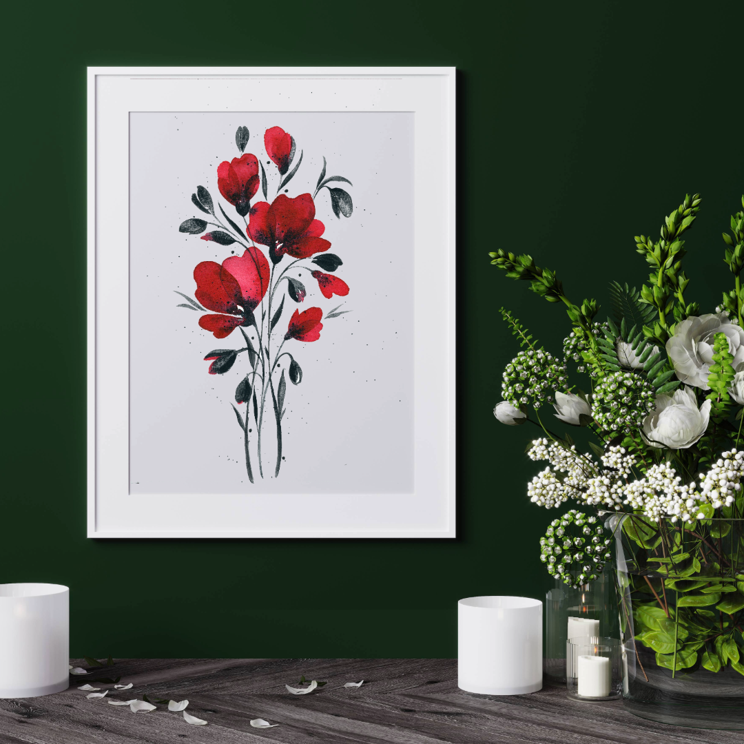 Elegant Original Watercolor Painting - Minimalist Red flowers