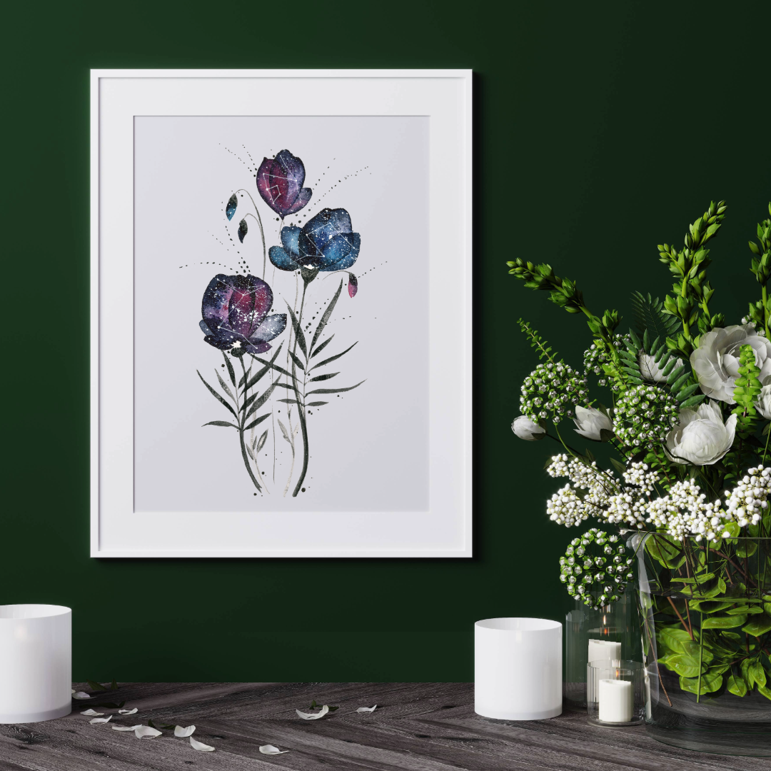 Watercolor Painting Print - Galaxy flowers