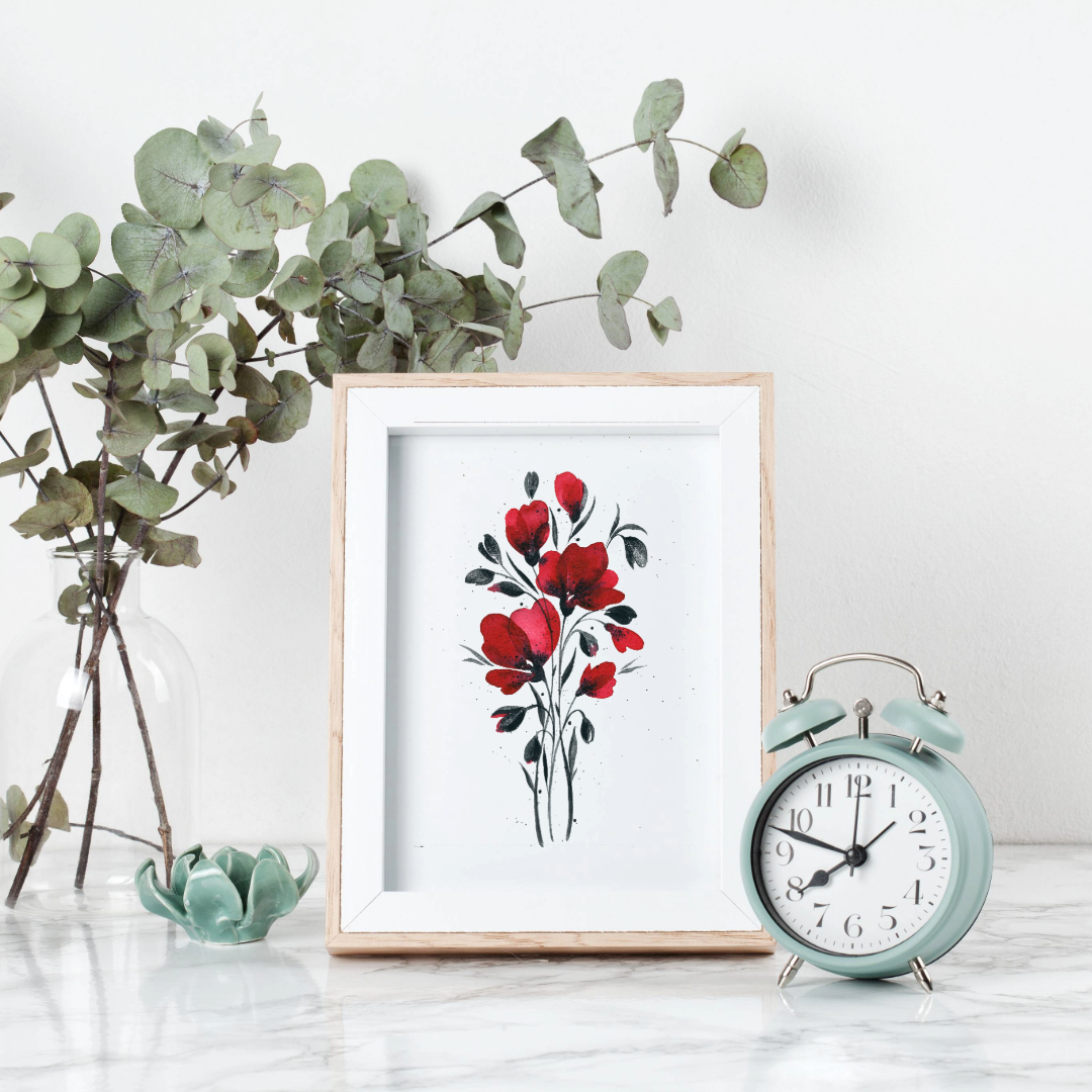 Watercolor Painting Print - Minimalist Red flowers