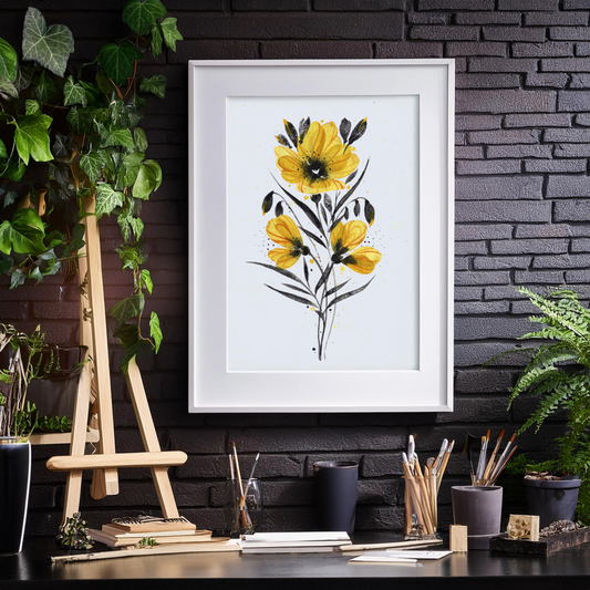 Golden Bloom - Fine Art Botanical Print - Watercolor Yellow Flower Art