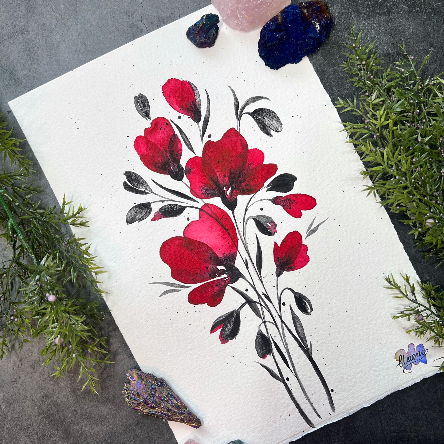 Elegant Original Watercolor Painting - Minimalist Red flowers